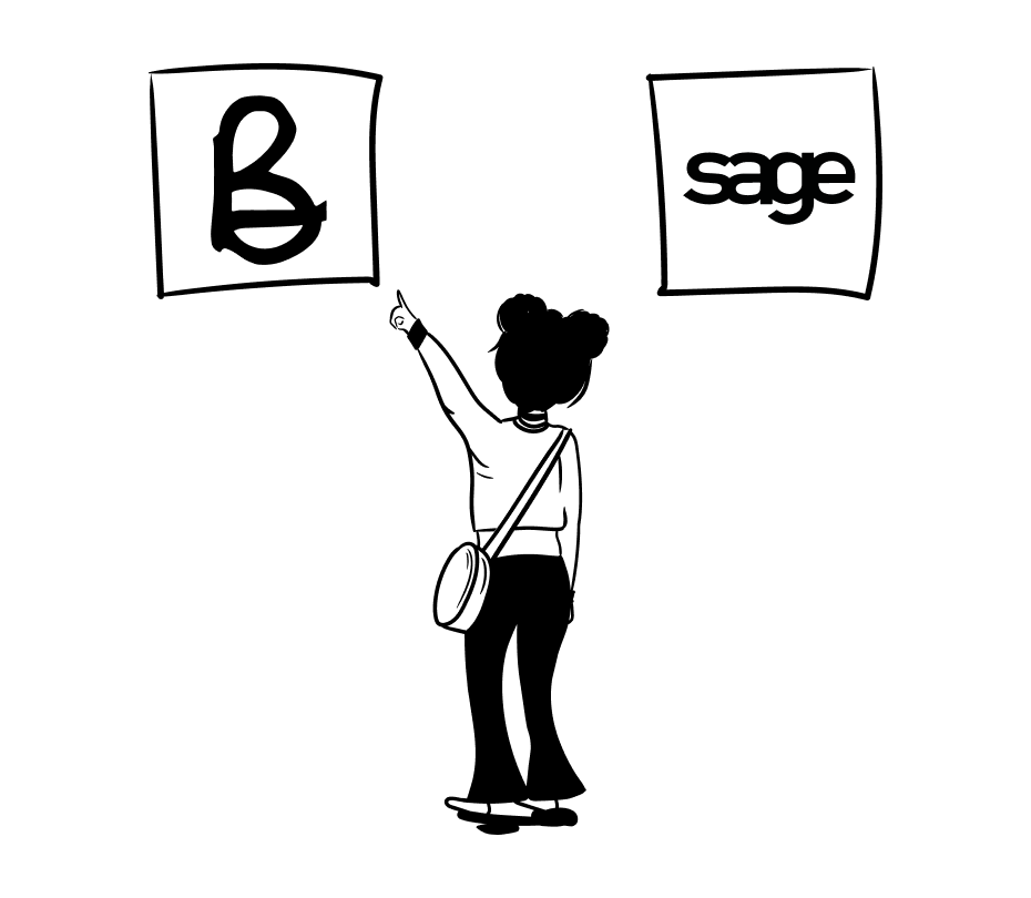Girl is pointing on two alternatives Bullet all-in-one software for small business and Sage