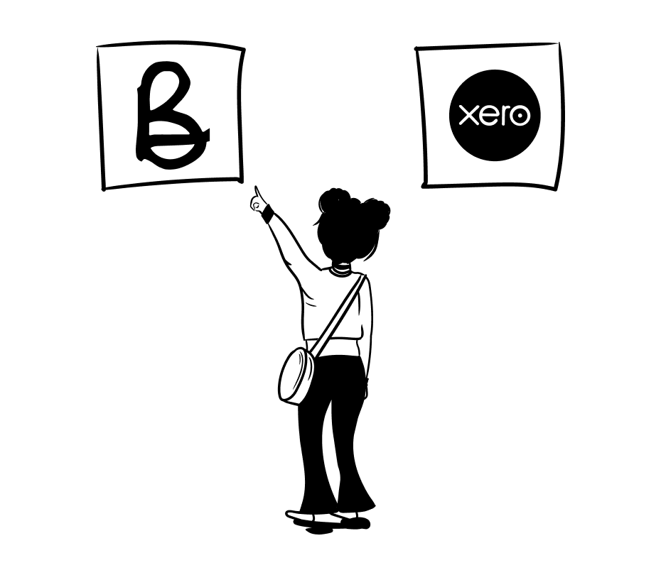 Girl is pointing on two alternatives Bullet all-in-one software for small business and Xero